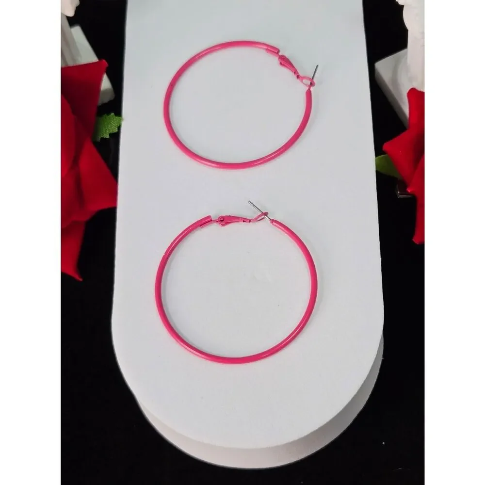 Hot Pink Hoop Earrings 50mm Bold Statement Leverback Hoops Bright Baddie Y2K
